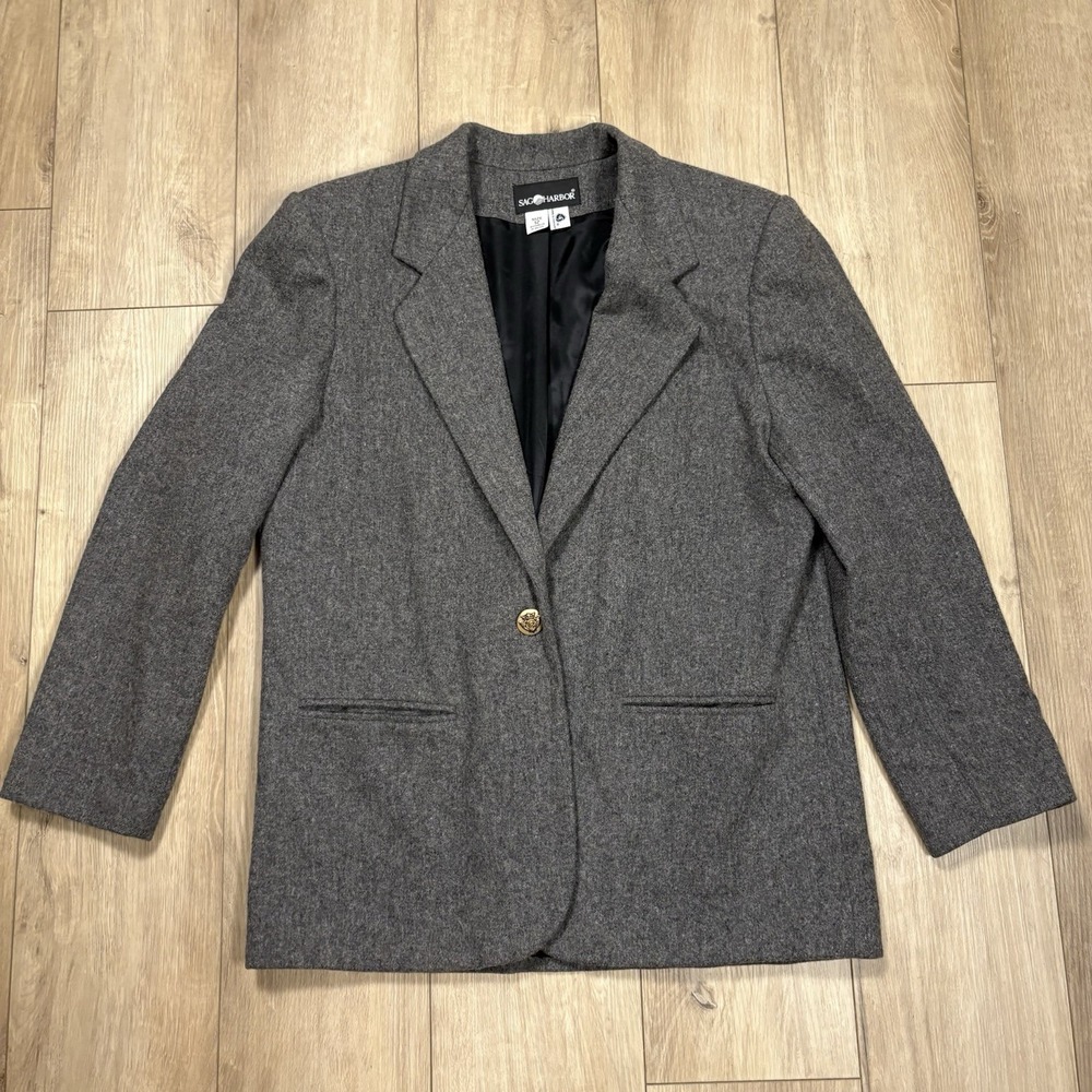 Vintage Sag Harbor Women's Gray Wool Blend One Button Notch Lapel Blazer 12
